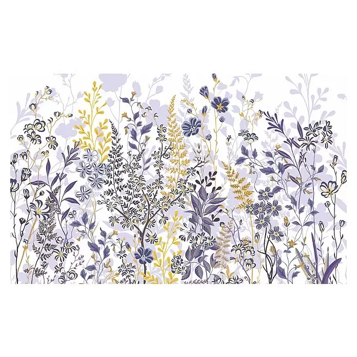 Komar Pure 2 Fototapete Bloomique - B x H: 400 x 250 cm, Vlies - Detailliertes Blumenmuster mit verschiedenen Blüten und Blättern in Lila- und Gelbtönen, das ein dichtes botanisches Design bildet.