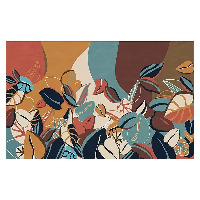 Komar Pure 2 Fototapete Audrey - B x H: 400 x 250 cm, Vlies - Abstrakter botanischer Kunstdruck mit großen, organischen Blattformen und fließenden Linien in erdigen Rost-, Türkis-, Gold- und Cremetönen.