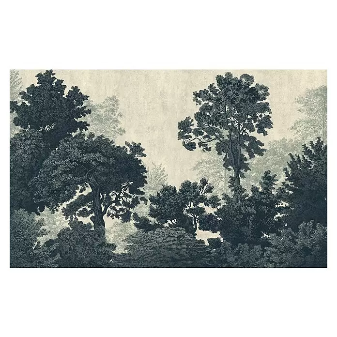 Komar Pure 2 Fototapete Unfading Trees - B x H: 400 x 250 cm, Vlies - Künstlerische Darstellung eines dichten Waldes mit Bäumen in verschiedenen Blau-Grau-Tönen und texturiertem Laub.