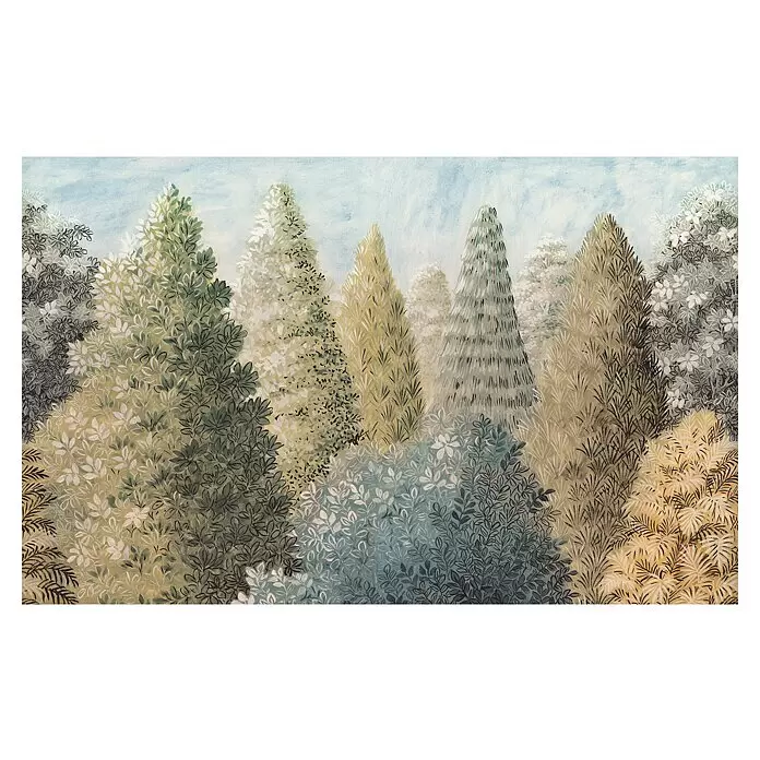 Komar Pure 2 Fototapete Painted Woods - B x H: 400 x 250 cm, Vlies - Stilisierte Waldillustration mit vielfältigen Bäumen, einzigartigen Blattmustern und gedeckten Grün-, Gelb-, Blautönen.