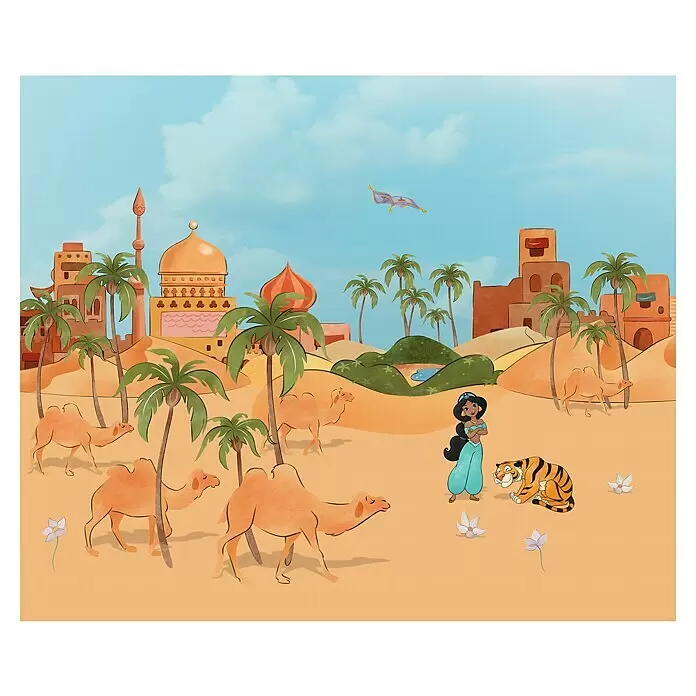 Komar Fototapete Disney Make a wish Jasmin - B x H: 300 x 250 cm, Vlies - Eine animierte Wüstenszene mit Prinzessin Jasmin, ihrem Tiger Rajah und Kamelen in einer orientalischen Stadt mit fliegendem Teppich am Himmel.
