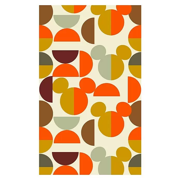 Komar Fototapete Disney Finding Mickey - B x H: 150 x 250 cm, Vlies - Retro geometrisches Muster mit Halbkreisen und zweifarbigen Micky-Maus-Kopf-Formen in Orange, Senfgelb, Braun, Dunkelrot und Salbeigrün.