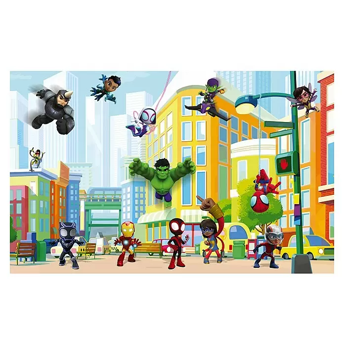 Komar Marvel Fototapete Spidey Sightseeing Tour with Friends - B x H: 400 x 250 cm, Vlies - Lebendige Zeichentrick-Illustration vieler Marvel-Superhelden, darunter Hulk und Spider-Man, in dynamischen Posen in einer farbenfrohen Stadt.