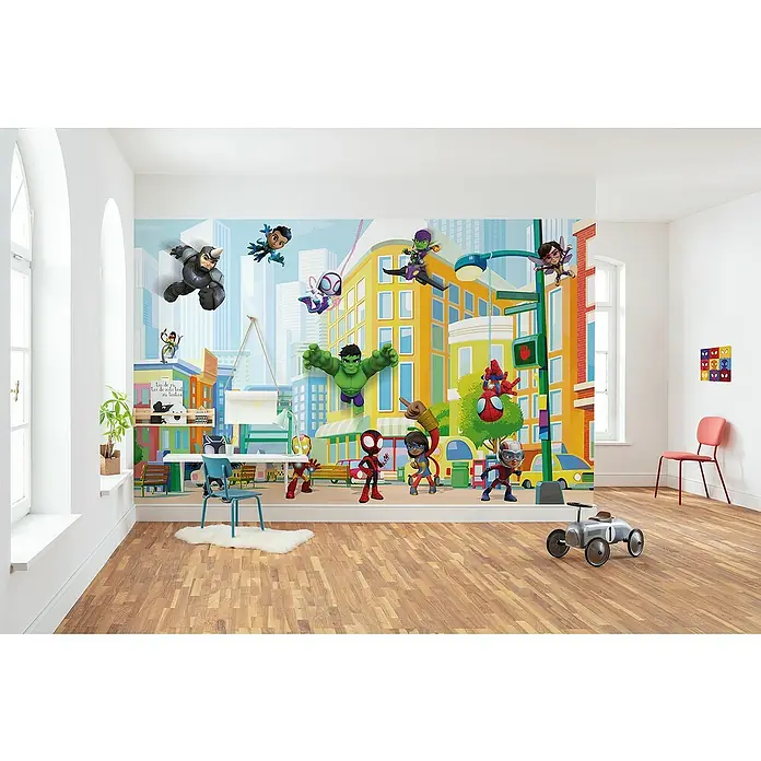 Komar Marvel Fototapete Spidey Sightseeing Tour with Friends - B x H: 400 x 250 cm, Vlies - Ein Kinderzimmer mit einer bunten Superhelden-Tapete, die eine lebendige und fantasievolle Atmosphäre schafft und zum Spielen einlädt.
