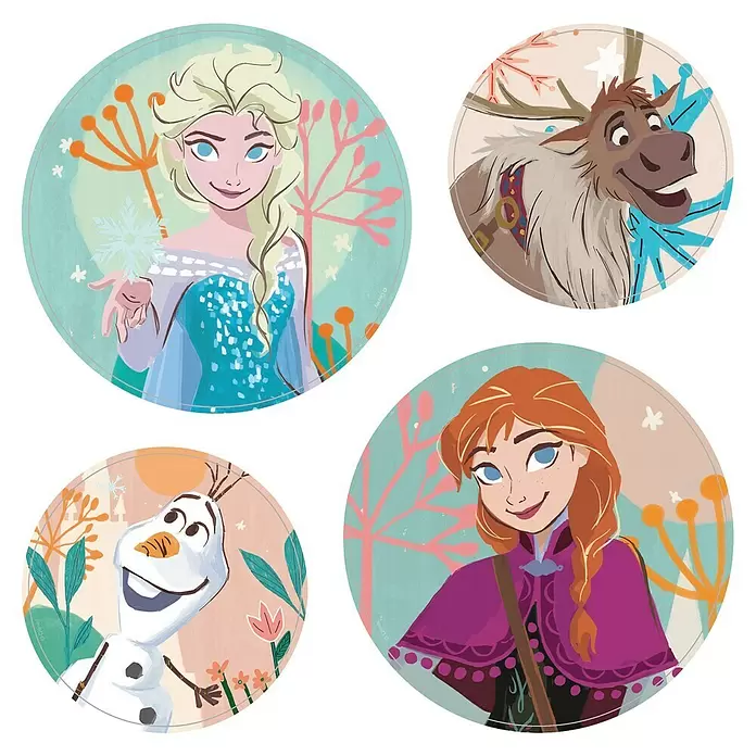 Komar Fenstersticker Frozen Royal Bubbles - 30 x 30 cm - Vier runde Anstecker mit Frozen-Charakteren: Elsa, Sven, Olaf und Anna im illustrierten Stil.