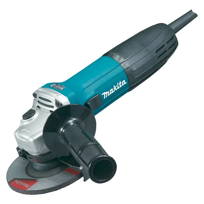 Makita Elektro-Trennschleifer GA4530R - 720 W, Durchmesser Scheibe: 115 mm, 11.000 U/min - Nahaufnahme eines Makita Winkelschleifers mit blau-schwarzem Gehäuse, Seitengriff und Schleifscheibe vor schwarzem Hintergrund.