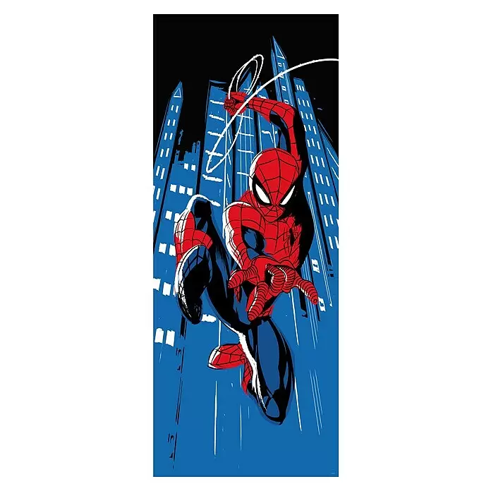 Komar Marvel Fototapete Spider-Man Rooftop-Rockin' - B x H: 100 x 250 cm, Vlies - Spider-Man im rot-blauen Anzug schwingt sich dynamisch durch eine stilisierte Stadt, im Comic-Stil.