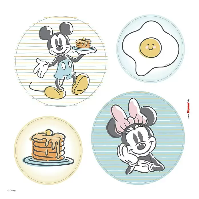 Komar Fenstersticker Disney Mickey Rise and Shine Bubbles - 30 x 30 cm - Vier runde Disney Frühstücks-Sticker: Micky Maus, Minnie Maus, Pfannkuchen und ein lachendes Spiegelei.
