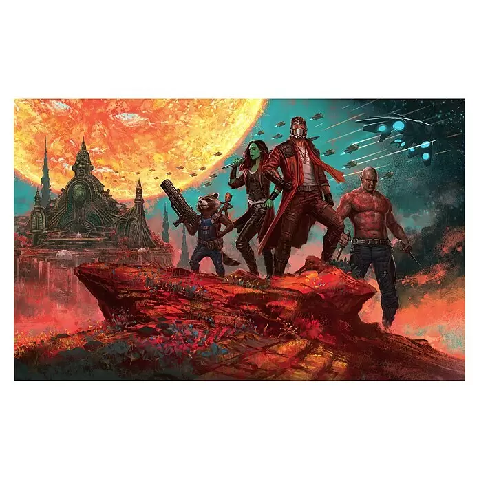 Komar Marvel Fototapete Guardians of the Galaxy Panorama - B x H: 400 x 250 cm, Vlies - Kunstwerk des Guardians of the Galaxy Teams (Star-Lord, Gamora, Rocket, Groot, Drax) auf einem roten Alienplaneten mit Sonne und Raumschiffen.