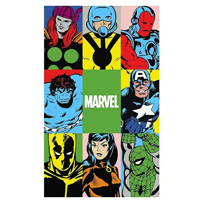 Komar Marvel Fototapete Marvel PowerUp Team - B x H: 150 x 250 cm, Vlies - Pop-Art-Raster aus neun farbenfrohen Marvel-Comicfiguren wie Hulk, Captain America, Iron Man und Thor, mit zentralem „MARVEL“-Logo.
