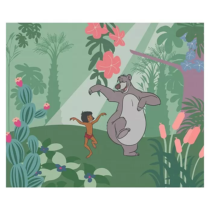 Komar Fototapete Disney Jungle Book Just Kidding - B x H: 300 x 250 cm, Vlies - Mowgli und Baloo tanzen fröhlich in einer farbenfrohen Dschungelszene.