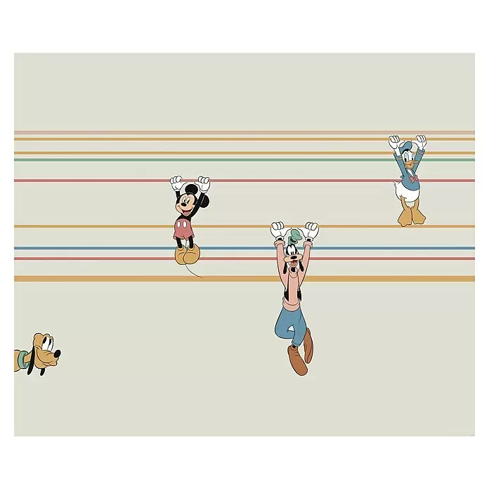 Komar Fototapete Disney Mickey Hanging with Friends - B x H: 300 x 250 cm, Vlies - Micky Maus, Goofy und Donald Duck hängen an bunten Querstreifen, während Pluto von unten hervorlugt.