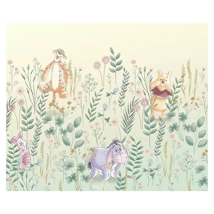 Komar Fototapete Disney Winnie the Pooh - Hide and Seek - B x H: 300 x 250 cm, Vlies - Die Winnie Puuh Charaktere Tigger, Pooh, Piglet und Eeyore in einer illustrierten Blumenwiese.