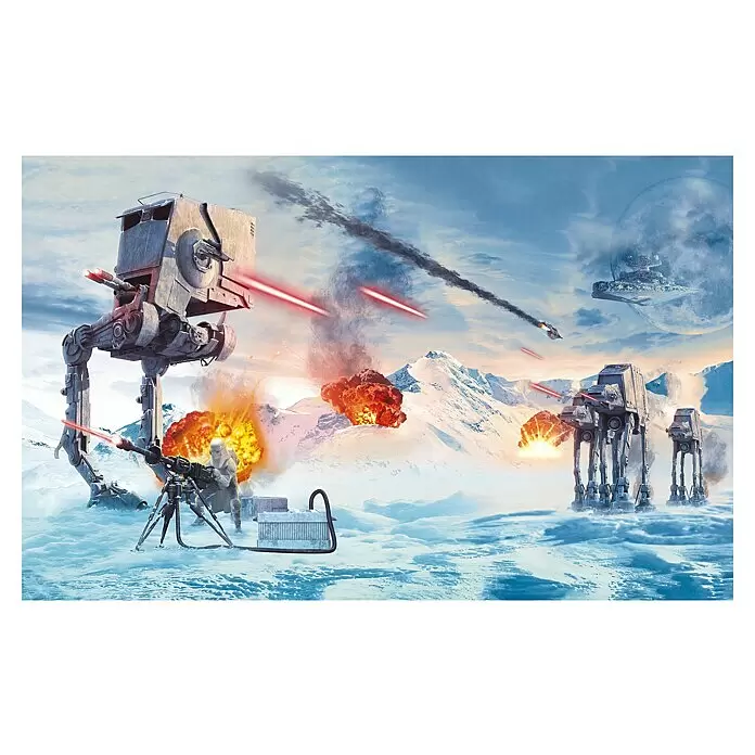 Komar Star Wars Fototapete Hoth Showdown - B x H: 400 x 250 cm, Vlies - Intensive Star Wars Schlacht auf einem Schneewüstenplaneten mit imperialen Läufern, Snowtrooper, Explosionen und Laserfeuer. Ein Sternenzerstörer und Mond am Himmel.