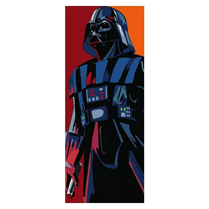 Komar Star Wars Fototapete Cyberart by Vader - B x H: 100 x 250 cm, Vlies - Pop-Art-Illustration von Darth Vader, Brustbild, in Schwarz, Blau und Rot, vor einem leuchtenden rot-orangen Hintergrund.