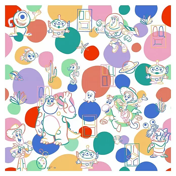 Komar Fototapete Disney Pixar Memories - B x H: 250 x 250 cm, Vlies - Muster mit Umrisszeichnungen von Disney Pixar Figuren wie Woody, Buzz, Mike und Nemo, mit bunten Polka Dots.