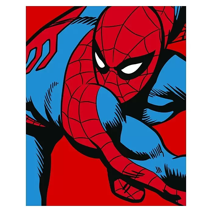 Komar Marvel Fototapete Marvel PowerUp Spider-Man Watchout - B x H: 200 x 250 cm, Vlies - Nahaufnahme einer Comic-Illustration von Spider-Man in seinem rot-blauen Anzug mit Spinnennetz-Muster auf rotem Hintergrund.
