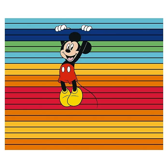 Komar Fototapete Disney Mickey Magic Rainbow - B x H: 300 x 250 cm, Vlies - Lächelnder Mickey Maus Cartoon-Charakter hängt an einem Streifen vor einem lebendigen, mehrfarbigen Streifenhintergrund.