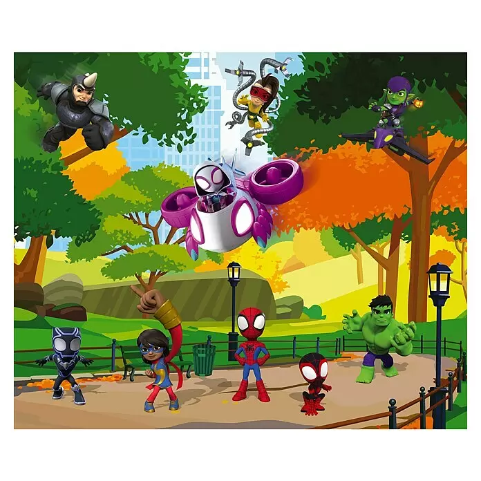 Komar Marvel Fototapete Spidey Scavenger Hunt - B x H: 300 x 250 cm, Vlies - Marvel-Helden und -Schurken im Park. Ghost-Spider fliegt einen Jet, Rhino, Doc Ock, Green Goblin schweben, Spider-Man, Ms. Marvel, Black Panther, Miles Morales und Hulk sind auf dem Weg.