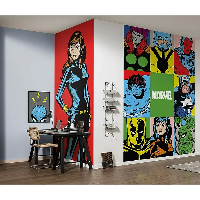 Komar Marvel Fototapete Marvel PowerUp Team - B x H: 150 x 250 cm, Vlies - Marvel-Comics-Wandgestaltung mit Helden wie Black Widow und Hulk, ein bunter Blickfang im Raum.