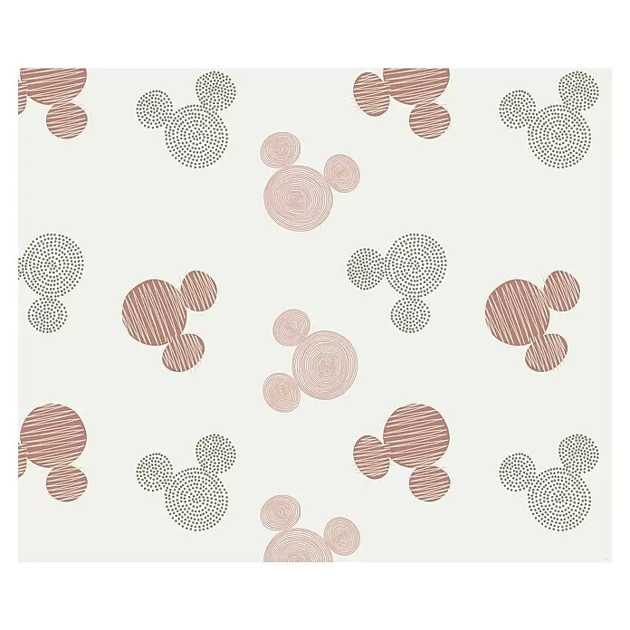 Komar Fototapete Disney Mickey's Cuties - B x H: 300 x 250 cm, Vlies - Wiederkehrendes Muster aus abstrakten Mickey-Maus-Formen in Rotbraun und Olivgrün, mit Punkt-, Spiral- und Linientexturen.