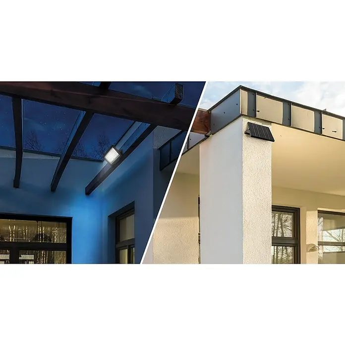 Garza Proyector LED solar Abora - 1,7 x 22 x 17 cm, IP65, 1.200 lm - Comparación de luces solares para exteriores: Una con panel durante el día y una luz LED bajo una pérgola por la noche.