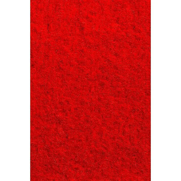 Rasenteppich Meterware Sunny - Breite: 200 cm, Rot, Mit Drainagenoppen - Nahaufnahme von rotem Teppichboden, der eine dichte, strukturierte Oberfläche zeigt. Perfekt für Textilien oder Hintergrundanwendungen.