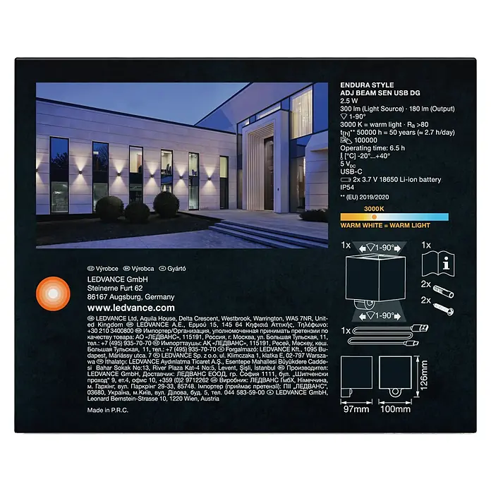 Ledvance Akku-Wandleuchte Endura Style Adjustable Beam Sensor USB - 10 x 9,7 x 12,6 cm, Grau, Warmweiß, 2,5 W, IP54 - Bild einer LEDVANCE ENDURA STYLE ADJ BEAM SEN USB DG Leuchte, die modernes Design und Funktionalität vereint.