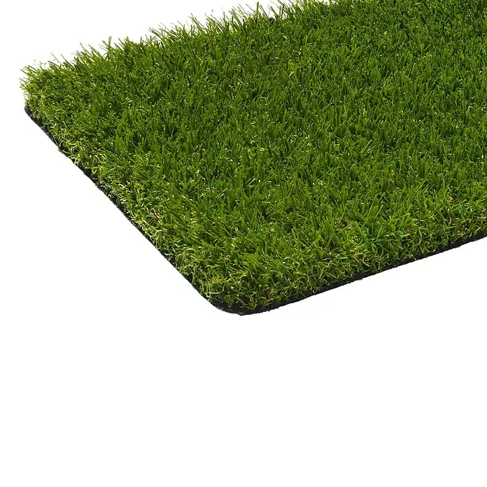 Kunstrasen Meterware Palma - Breite: 400 cm, Grün, Mit Drainagenoppen - Nahaufnahme von Kunstrasen, der eine realistische und pflegeleichte Alternative zu Naturrasen bietet.
