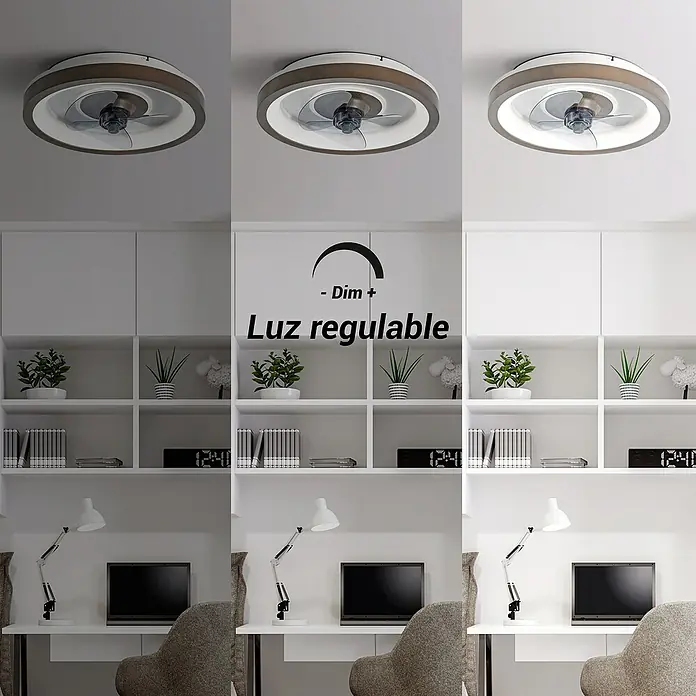 Sulion Ventilador de techo Simun - Madera, 48 cm, 39 W, Blanco neutro - Ventilador de techo con iluminación ajustable mostrado en tres niveles de brillo, ideal para espacios modernos.