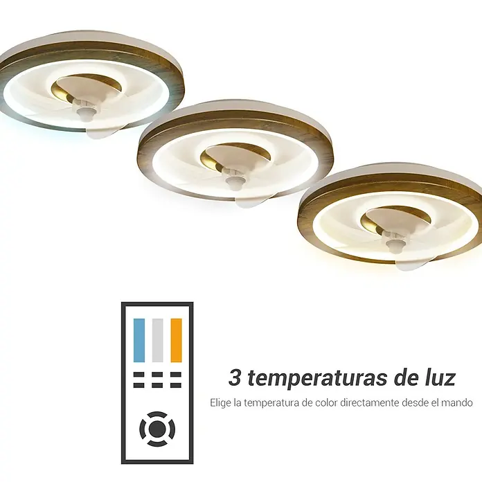 Sulion Ventilador de techo Simun - Madera, 48 cm, 39 W, Blanco neutro - Lámpara de techo con 3 temperaturas de color y mando a distancia para un fácil ajuste de la luz.