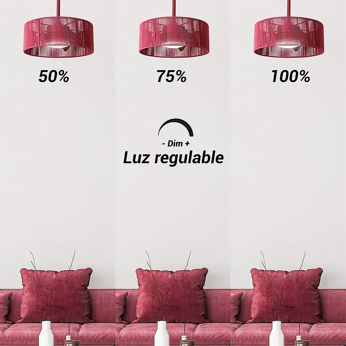 Sulion Ventilador de techo Lur - Rojo, 52 cm, 18 W, Blanco neutro - Lámpara colgante roja con brillo ajustable mostrado al 50%, 75% y 100%.