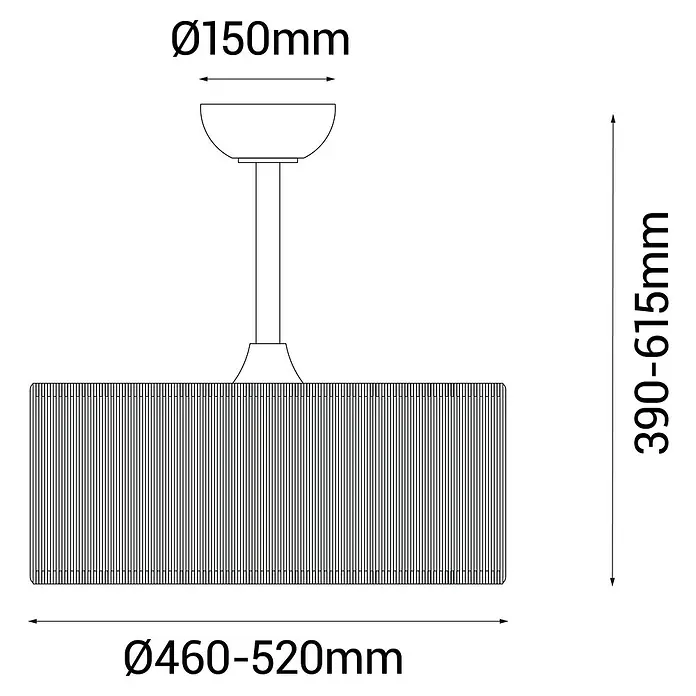 Sulion Ventilador de techo Lur - Rojo, 52 cm, 18 W, Blanco neutro - Ilustración de una lámpara colgante, dimensiones: ∅150mm (superior) y 450–520mm (inferior), altura 380–616mm.