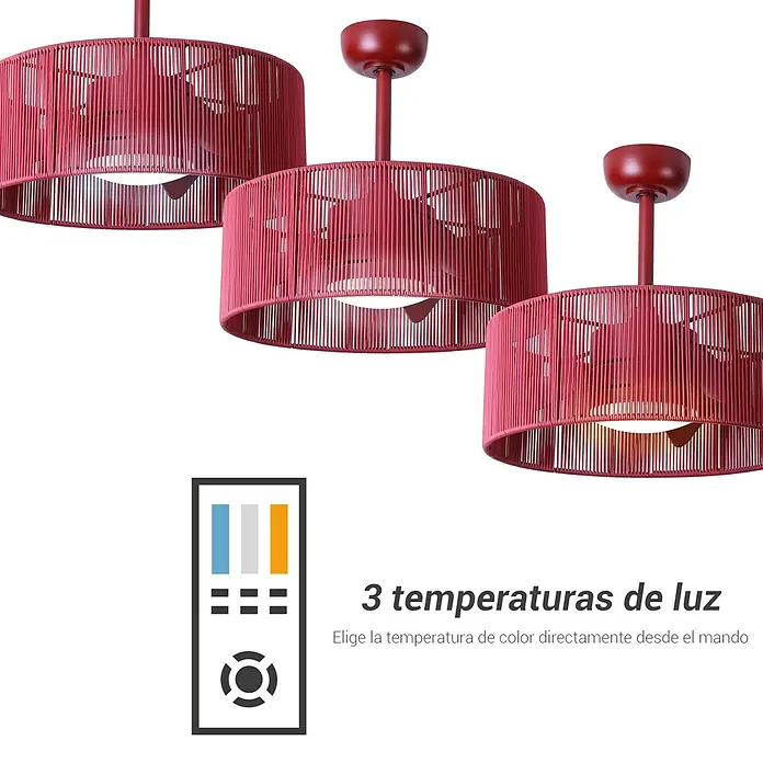 Sulion Ventilador de techo Lur - Rojo, 52 cm, 18 W, Blanco neutro - Tres ventiladores de techo rojos con luces y mando a distancia para ajustar la temperatura de la luz.
