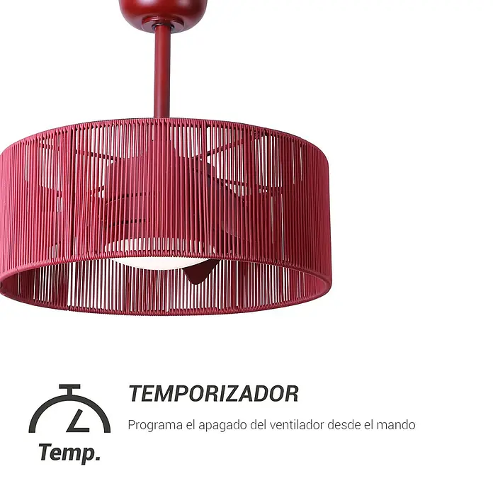 Sulion Ventilador de techo Lur - Rojo, 52 cm, 18 W, Blanco neutro - Ventilador de techo rojo con lámpara de cuerda tejida, para iluminación y refrigeración con estilo.