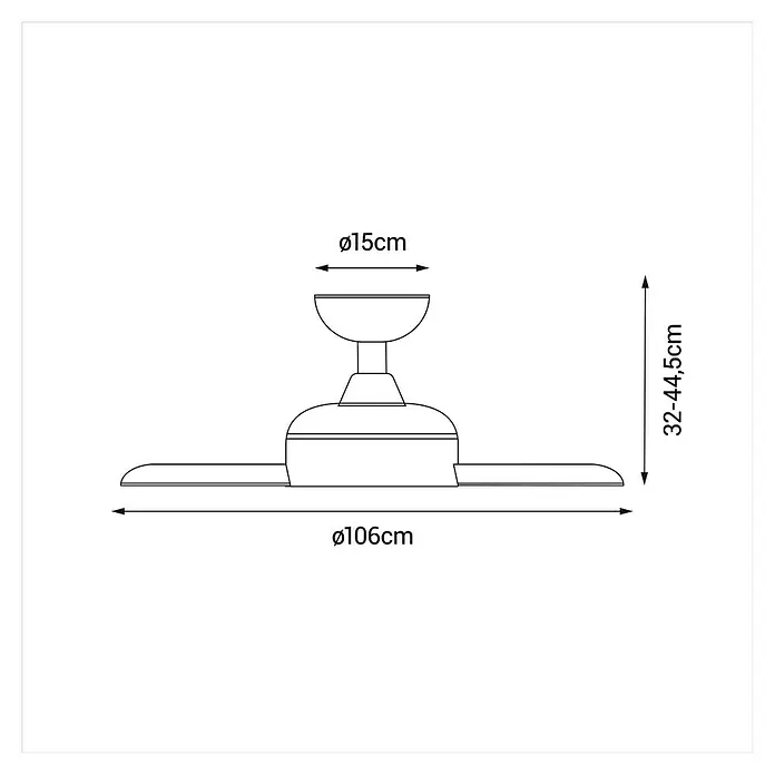 Sulion Ventilador de techo Dual Outdoor - Nogal, 106 cm, 14 W - Dibujo esquemático de un ventilador de techo con dimensiones: 106 cm de diámetro, 32-44,5 cm de altura y 15 cm de diámetro de la base del techo.