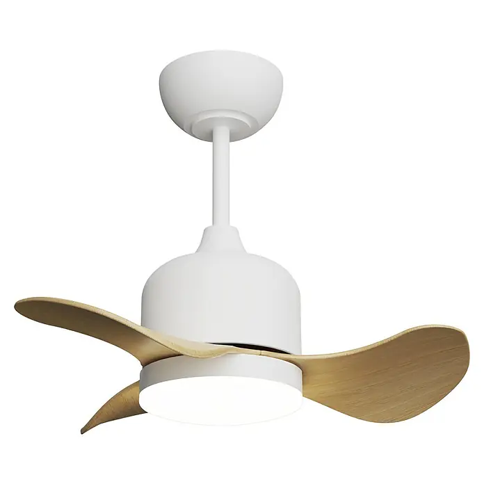 Sulion Ventilador de techo Lily - Haya, 56 cm, 20 W, Blanco neutro - Primer plano de un moderno ventilador de techo con componentes blancos y aspas de madera sobre un fondo negro.