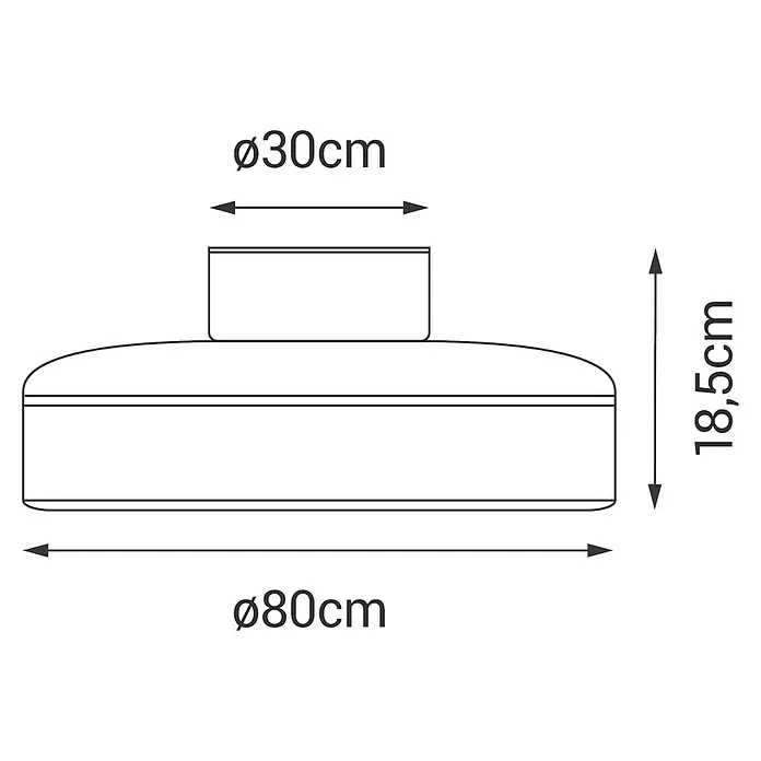 Sulion Ventilador de techo Daikiri XL - Blanco, 80 cm, 55 W, Blanco neutro - Dibujo técnico de una lámpara de techo con dimensiones: diámetro 80cm, altura 18,5cm y diámetro del accesorio 30cm.