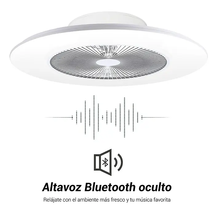 Sulion Ventilador de techo Daikiri XL - Blanco, 80 cm, 55 W, Blanco neutro - Ventilador de techo con iluminación integrada y símbolo de sonido, destacando su funcionamiento silencioso. Diseño moderno para un ambiente interior confortable.