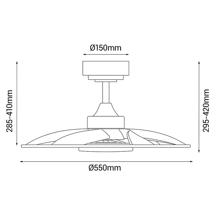Sulion Ventilador de techo Dango - Madera, 55 cm, 20 W, Blanco neutro - Croquis de dimensiones del producto: Ø160mm en la parte superior, 295-410mm a la izquierda, 295-420mm a la derecha y Ø550mm en la parte inferior.