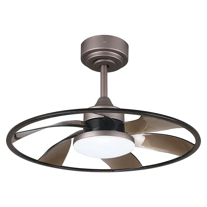 Sulion Ventilador de techo Dango - Madera, 55 cm, 20 W, Blanco neutro - Primer plano de un ventilador de techo color bronce con diseño redondo y luz LED integrada.