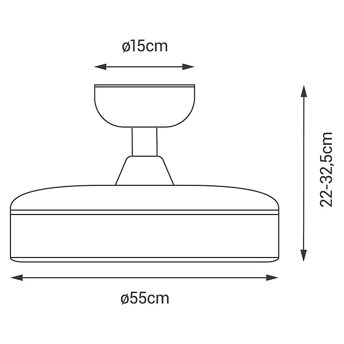 Sulion Ventilador de techo Assen - Blanco, 55 cm, 24 W, Blanco neutro - Ilustración de una luminaria con dimensiones Ø15cm en la parte superior y Ø55cm en la parte inferior, la altura es de 22-32,5cm. Dibujo técnico de una lámpara.