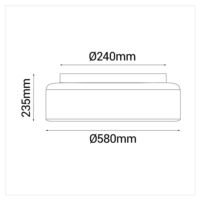 Sulion Ventilador de techo Milton - Madera, 58 cm, 32 W, Blanco neutro - Dibujo técnico de una lámpara de techo con dimensiones Ø240mm (superior), Ø580mm (inferior) y una altura de 235mm.