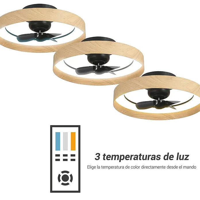 Sulion Ventilador de techo Milton - Madera, 58 cm, 32 W, Blanco neutro - Ventilador de techo con tres niveles de temperatura y control remoto para la selección directa de la temperatura de color.