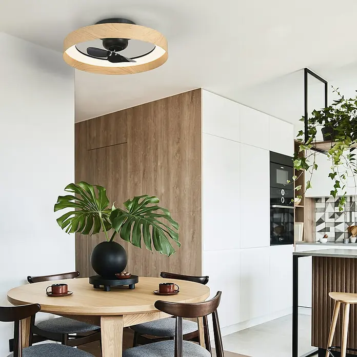 Sulion Ventilador de techo Milton - Madera, 58 cm, 32 W, Blanco neutro - Ventilador de techo con aro de madera y luz integrada para un ambiente moderno.