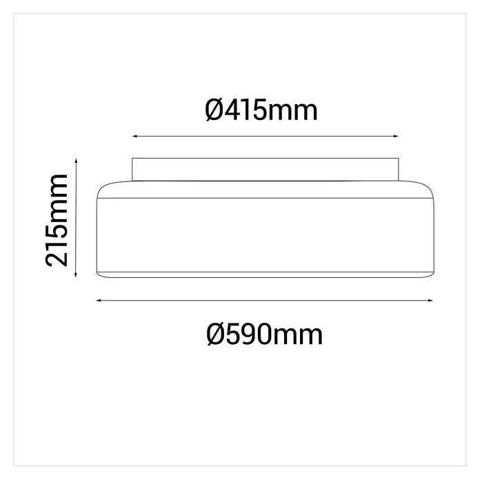 Sulion Ventilador de techo Klim - Verde, 59 cm, 32 W, Blanco neutro - Diagrama esquemático de una lámpara de techo mostrando dimensiones Ø415mm, Ø590mm y altura 215mm.