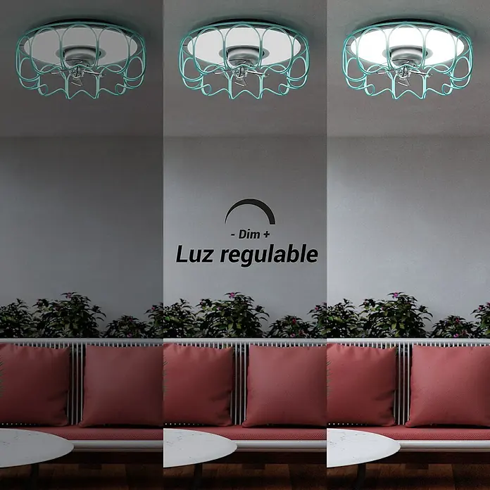 Sulion Ventilador de techo Klim - Verde, 59 cm, 32 W, Blanco neutro - Lámpara de techo con función de atenuación. La lámpara de techo tiene un marco de color menta y se muestra en tres niveles de brillo.