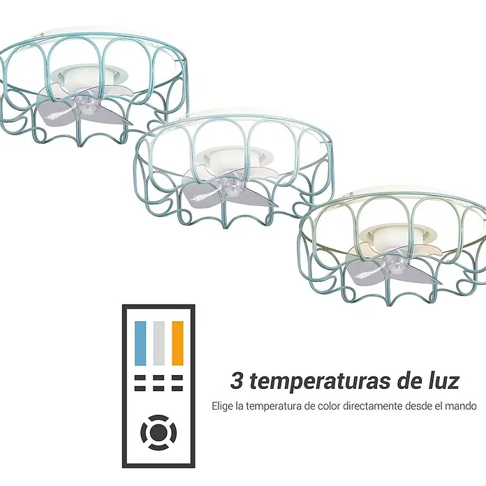 Sulion Ventilador de techo Klim - Verde, 59 cm, 32 W, Blanco neutro - Primer plano de tres ventiladores de techo con diferentes temperaturas de color y un mando a distancia para su funcionamiento.
