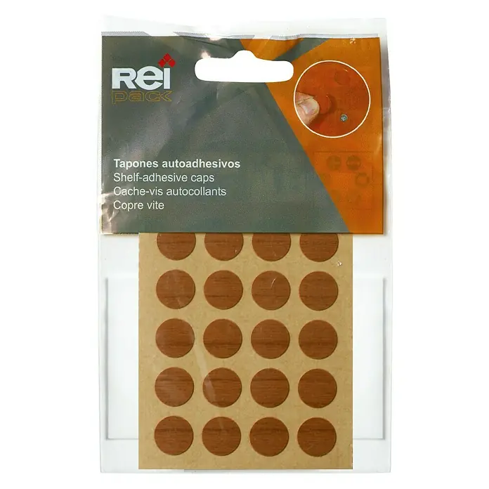 Rei Tapón embellecedor 4063 - Nogal - Imagen de un paquete de tapones autoadhesivos Rei Pack para estantes, utilizados para cubrir tornillos en muebles de madera.