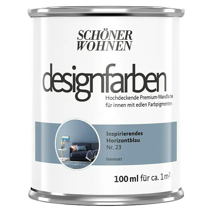 SCHÖNER WOHNEN-Farbe Wandfarbe Designfarbe - Inspirierendes Horizontblau, Matt, 100 ml, Konservierungsmittelfrei - Dose Schönner Wohnen Designfarbe Horizontblau Nr. 23. Hochdeckende Premium-Wandfarbe für Innenräume mit edlen Farbpigmenten, feinmatt.